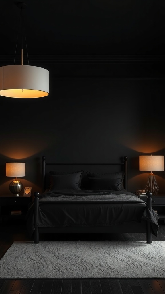 A black bedroom with soft lighting from lamps and a ceiling fixture.