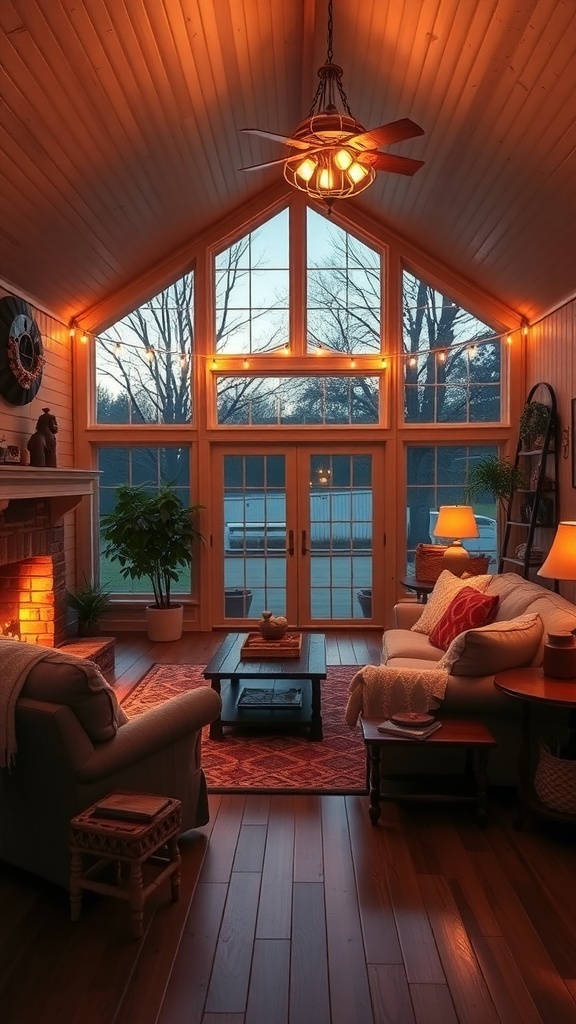 A cozy living room with soft lighting, featuring a fireplace, comfortable seating, and large windows.