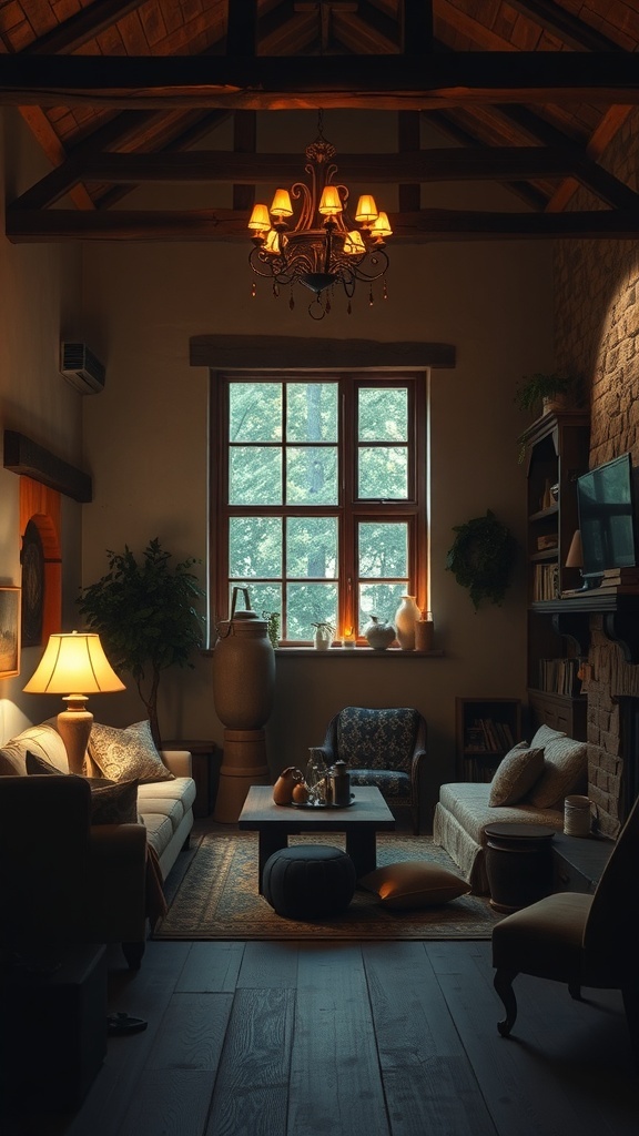 A rustic living room with soft lighting from a chandelier and lamps, featuring comfortable furniture and natural decor.