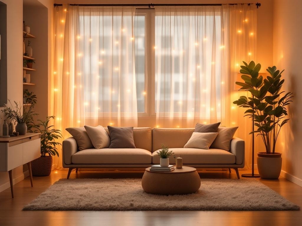 A cozy living room with soft lighting, featuring a sofa, plants, and warm glowing lights behind sheer curtains.