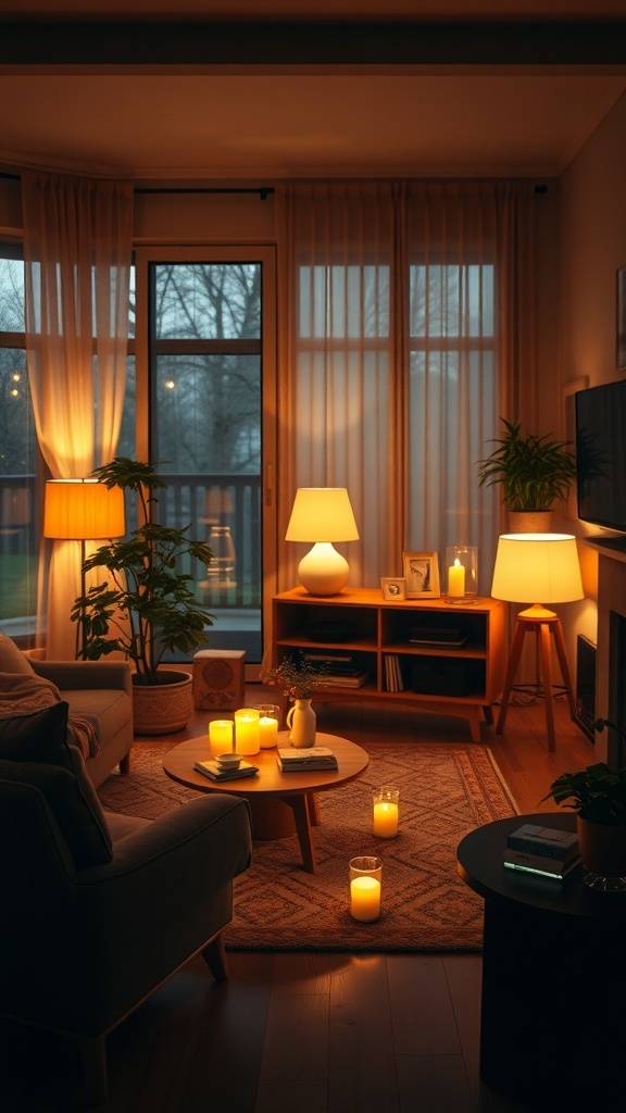 Cozy coastal cottage living room with soft lighting, candles, and plants.