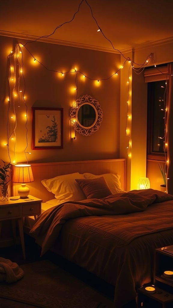 A cozy fall bedroom with soft lighting, featuring fairy lights and warm table lamps.