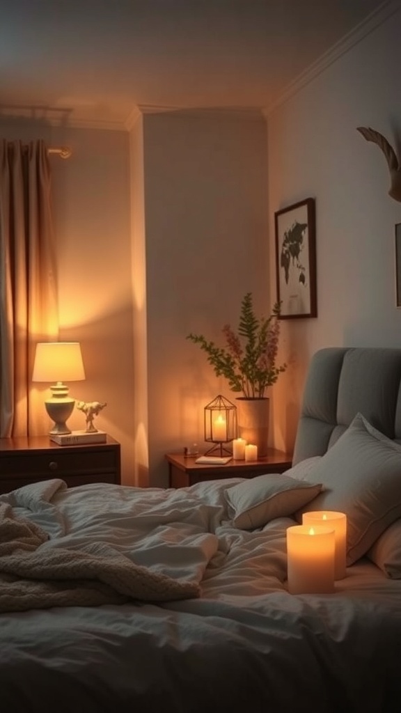 A cozy bedroom with soft lighting from a lamp and candles, featuring a warm and inviting atmosphere.
