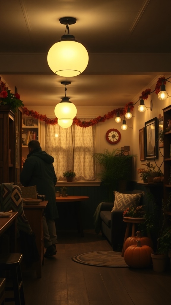 A cozy room with soft lighting, featuring pendant lights, string lights, and fall decor.
