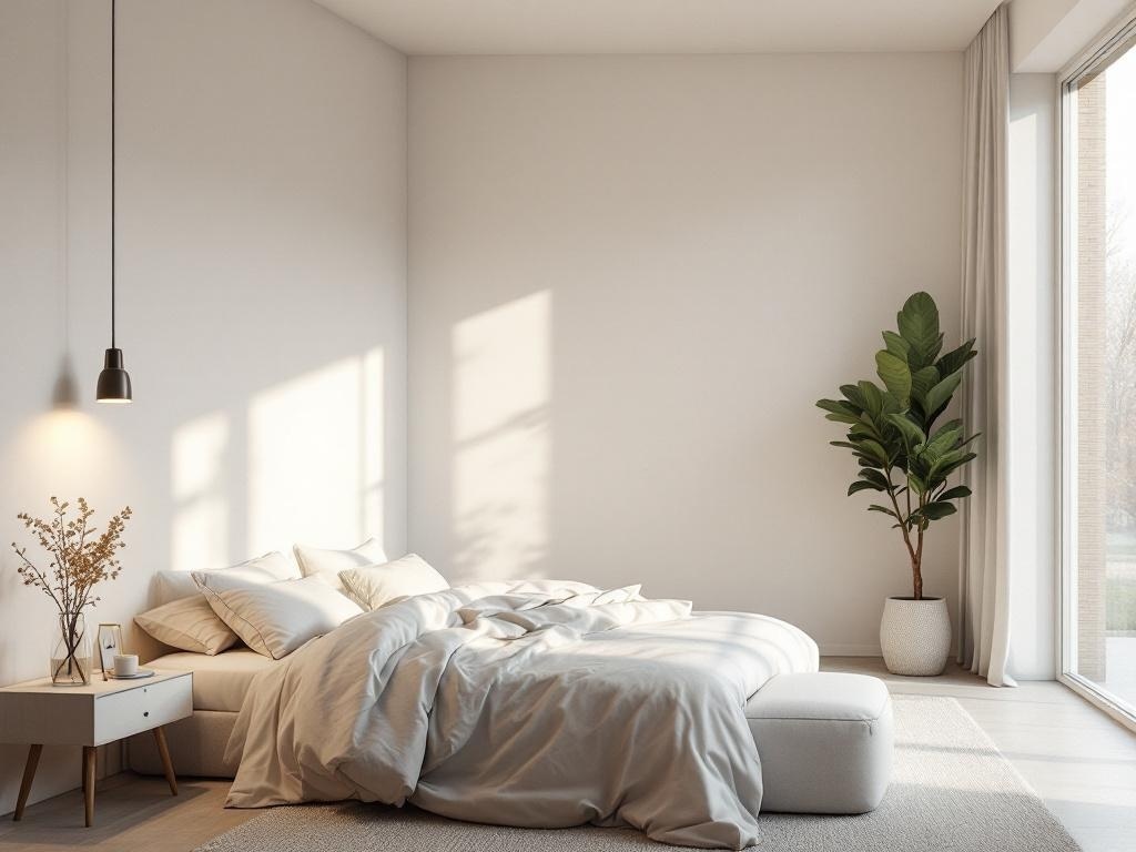 A minimalist bedroom with soft lighting from a pendant lamp and natural light from a large window.