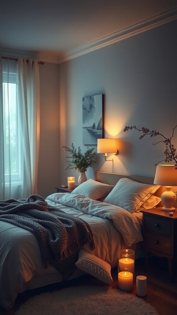A calming bedroom with soft lighting, featuring a cozy bed, candles, and warm tones.