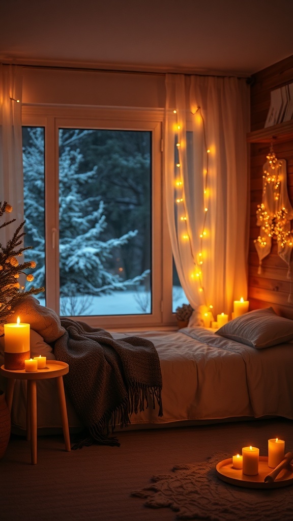 A cozy winter bedroom with soft lighting from candles and string lights.