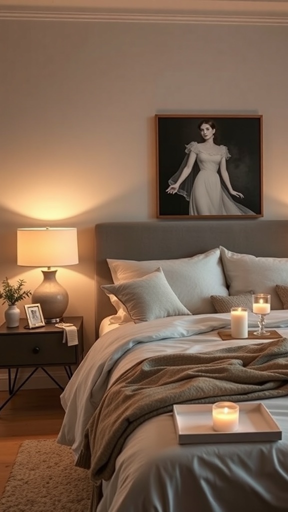 A cozy bedroom with soft lighting from a lamp and candles, featuring neutral decor.