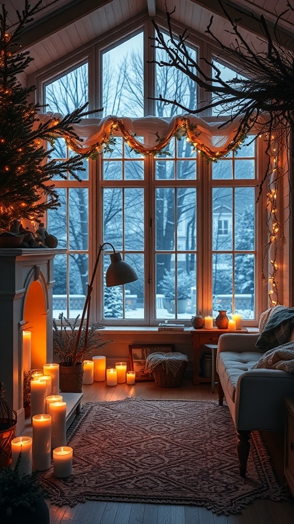 A cozy winter room with soft lighting from candles and string lights.