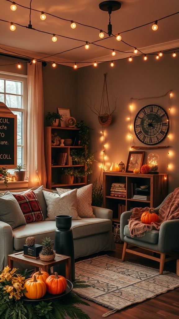 Cozy room decorated with string lights, pumpkins, and boho decor.