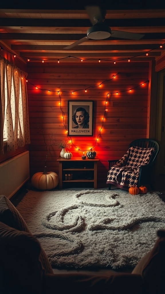 A cozy room decorated for Halloween with orange string lights, pumpkins, and a comfortable chair.