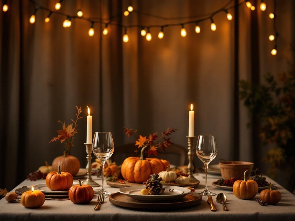 A beautifully set Thanksgiving table with soft lighting from string lights and candles, featuring pumpkins and autumn leaves.