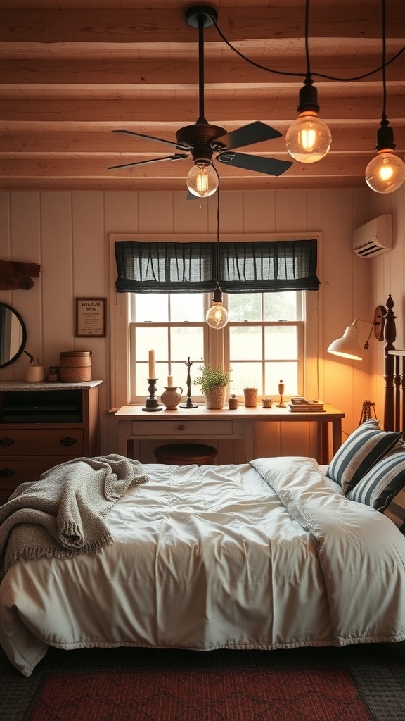 A rustic farmhouse bedroom with soft lighting and vintage fixtures.