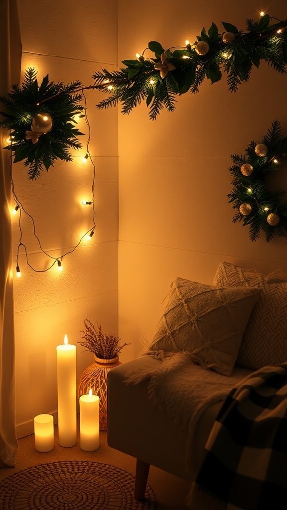Cozy corner with soft lighting and Christmas decor.