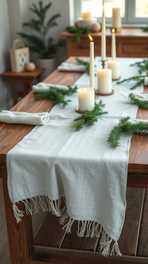 A soft linen table runner on a wooden table, decorated with candles and greenery.