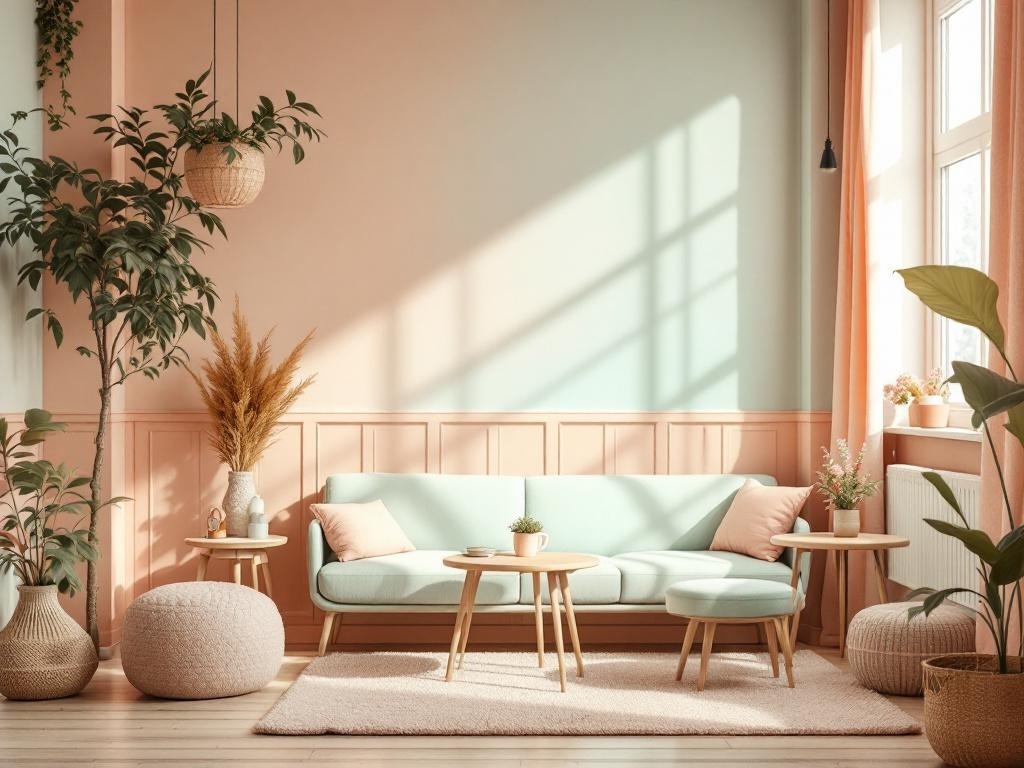 A cozy living room featuring soft mint walls, a mint green sofa with peach cushions, and plants, creating a warm and inviting atmosphere.