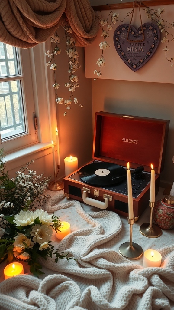 A cozy setup featuring a record player, candles, and flowers, perfect for a romantic atmosphere.