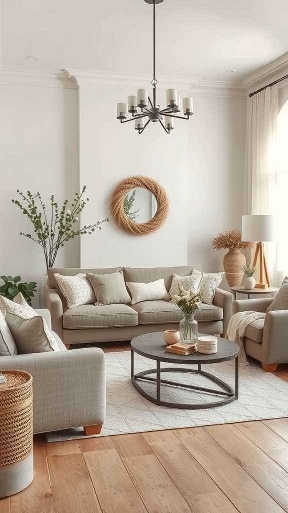 A cozy living room with soft neutral colors, featuring comfortable sofas, a round coffee table, and natural decor.