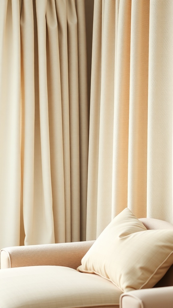 Soft neutral fabrics in a farmhouse boho living room, featuring light curtains and a plush cushion.