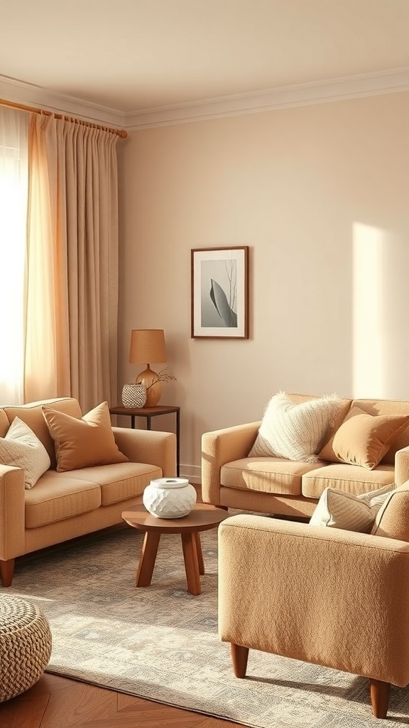 A cozy living room with soft neutral tones, featuring beige sofas, warm curtains, and a wooden coffee table.