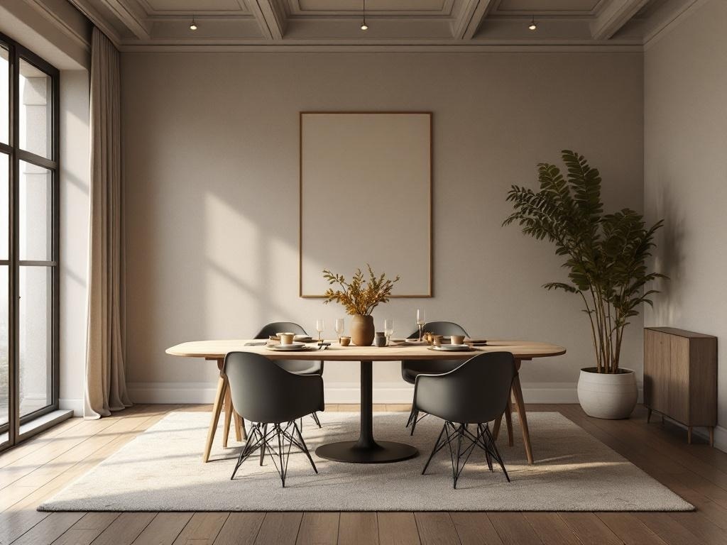 A serene dining area featuring soft neutral colors, a round wooden table, black chairs, and natural light.