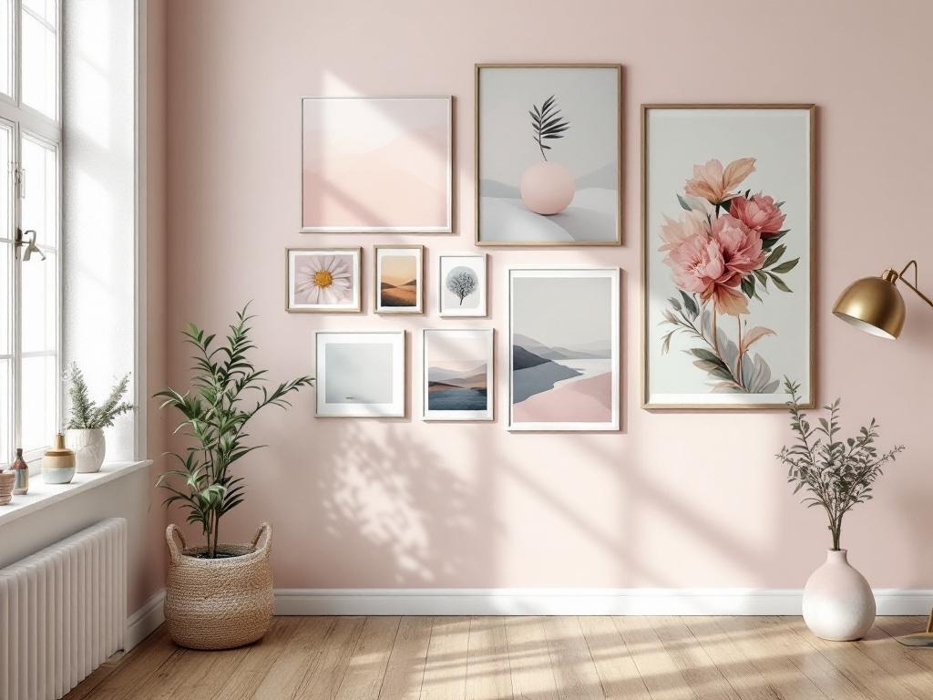 A wall with soft pastel artwork and plants, featuring framed art pieces in calming colors.