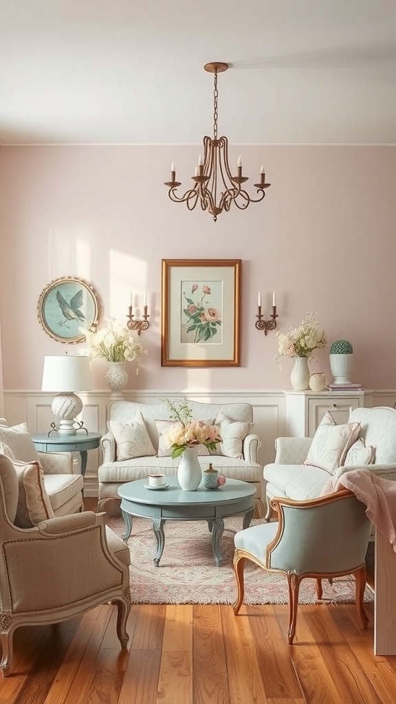 A vintage cottage living room featuring a soft pastel color palette with light pink walls and cozy furniture.