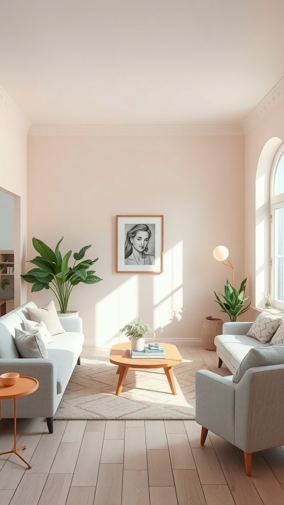 A cozy English cottage living room featuring soft pastel colors and natural elements.