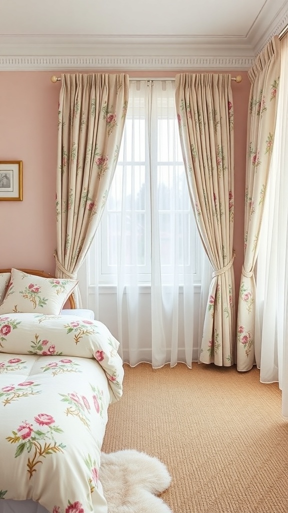 A pastel bedroom featuring floral patterns on bedding and curtains, with soft pink walls.