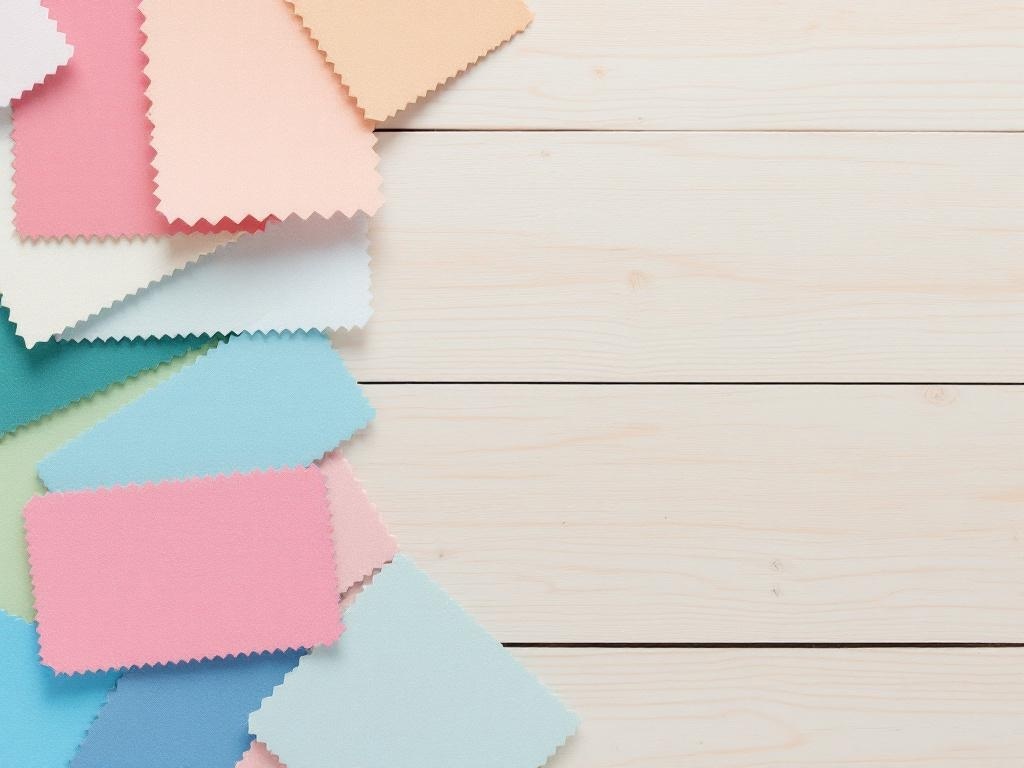 An assortment of pastel color swatches on a wooden surface.