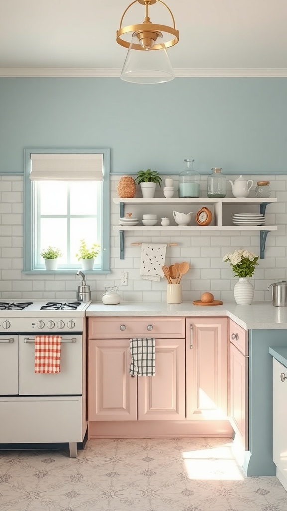 A vintage-inspired kitchen featuring soft pastel colors, including pink cabinets and blue walls, with natural light and decorative elements.