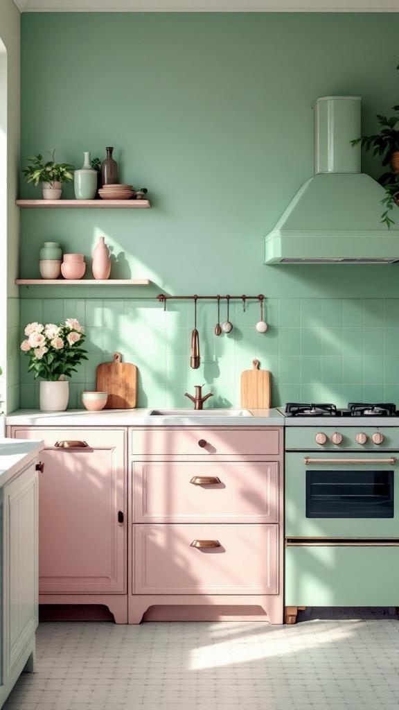 A vintage-inspired kitchen featuring soft pastel colors with mint green walls and pink cabinetry.