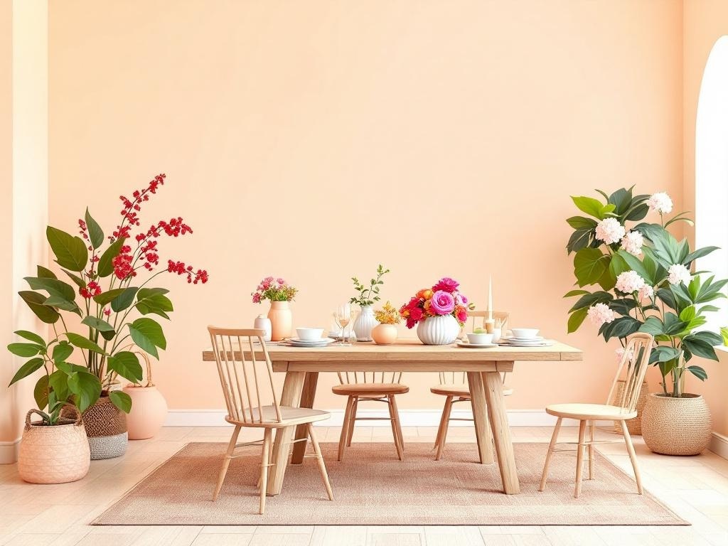 A dining area with soft peach walls, a wooden table set for a meal, and vibrant flowers and plants.