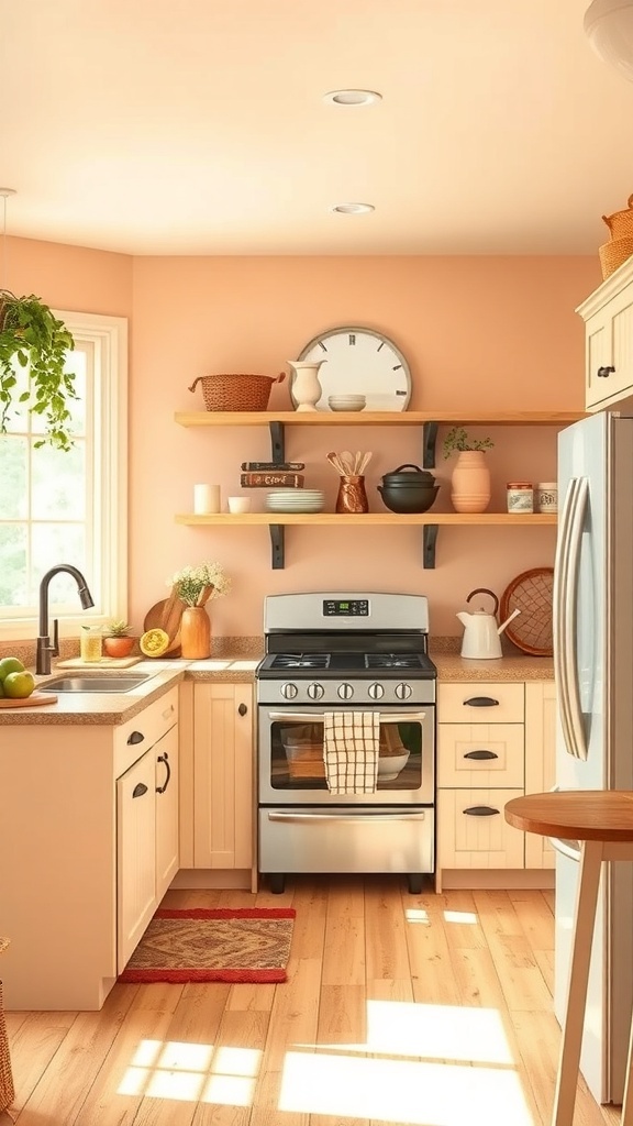 A cozy farmhouse kitchen with soft peach walls, wooden shelves, and natural light.