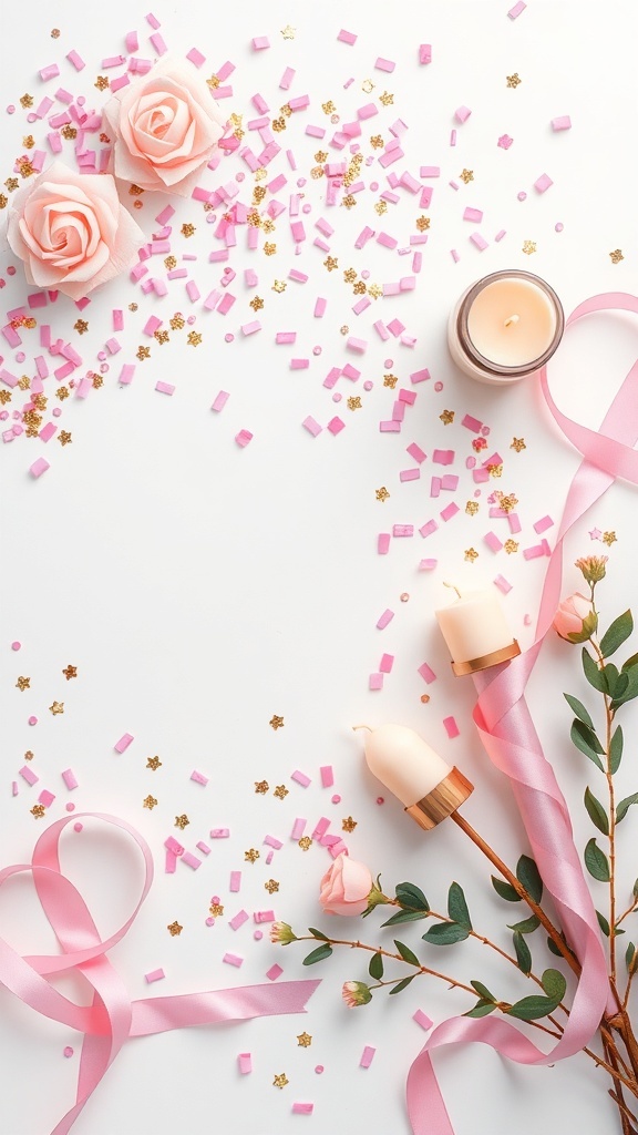 A soft pink and gold aesthetic featuring roses, confetti, candles, and ribbons.