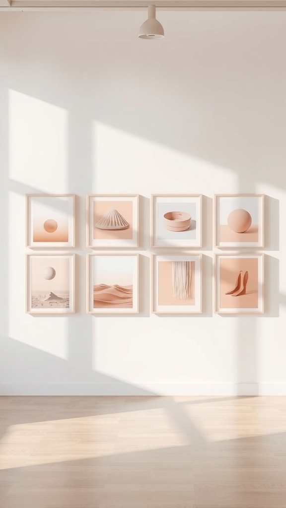 A collection of soft pink art prints displayed on a wall.