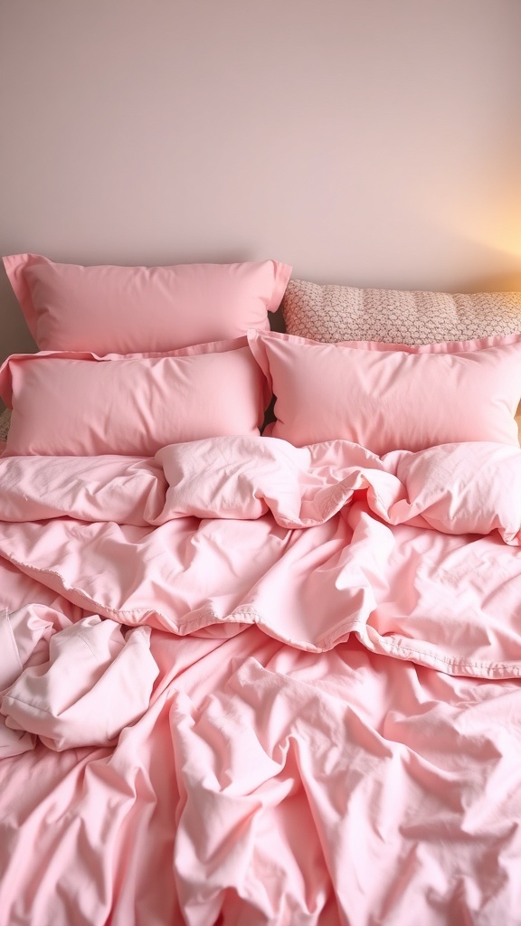A cozy bed with soft pink bedding and pillows.