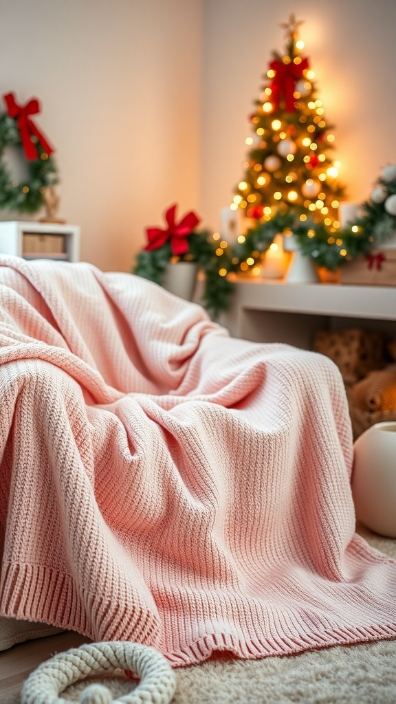A soft pink blanket draped over a chair in a cozy Christmas setting with a decorated tree.