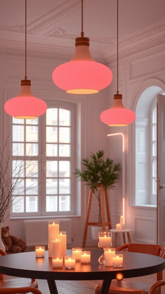 A cozy room with soft pink lighting fixtures hanging from the ceiling, surrounded by candles and a plant.
