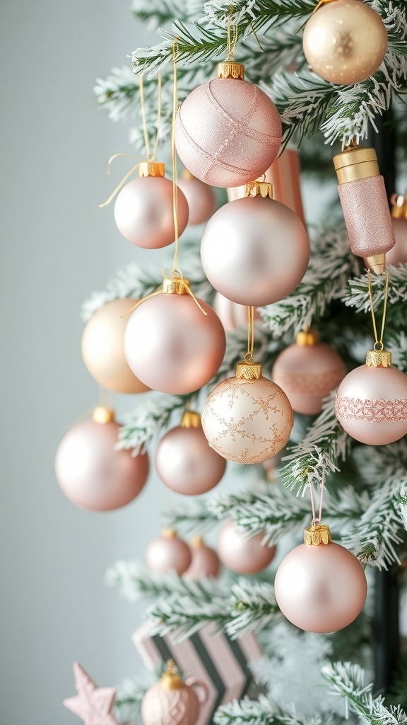 Soft pink Christmas ornaments hanging on a snowy tree