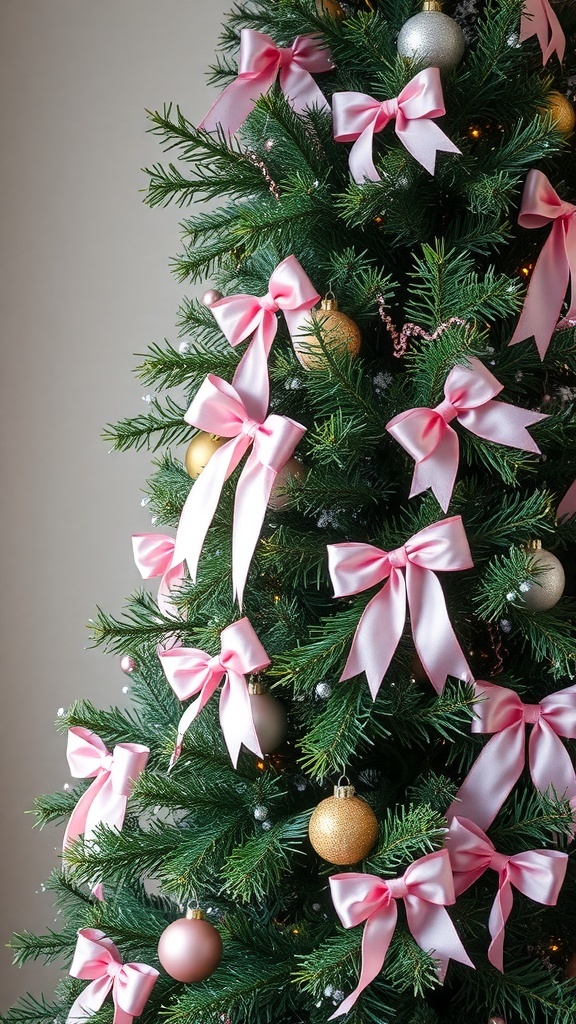 A Christmas tree adorned with soft pink ribbons and bows alongside gold ornaments.