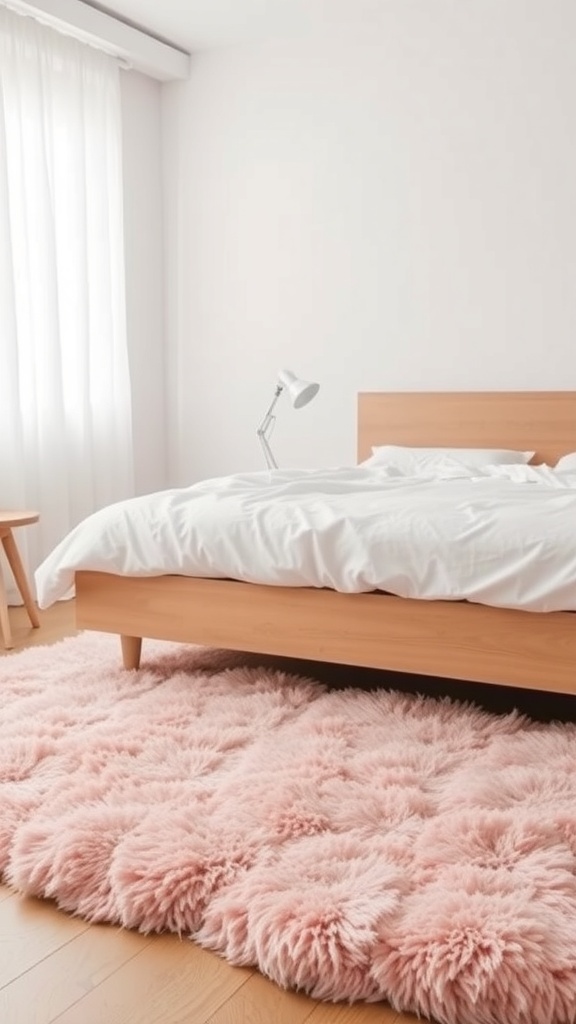 A soft pink rug in a bright bedroom with a bed and lamp.