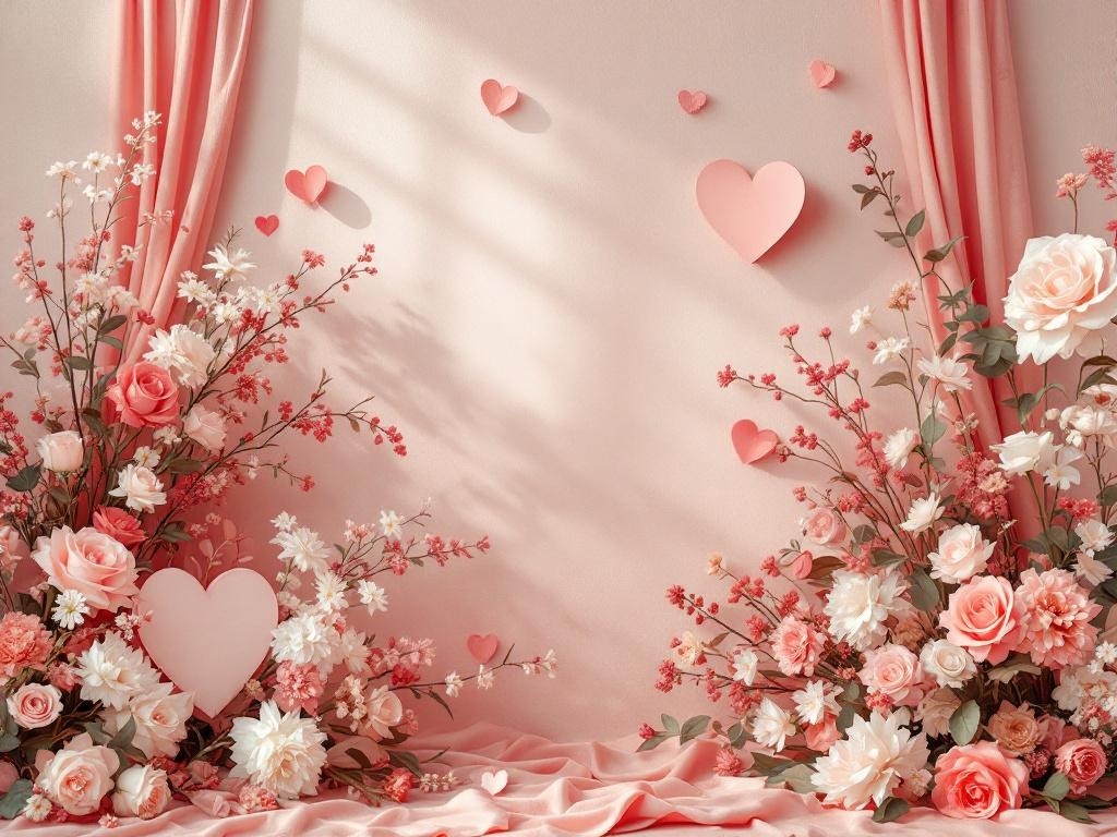 A romantic arrangement of soft pink roses and white flowers with heart decorations on a soft pink background.