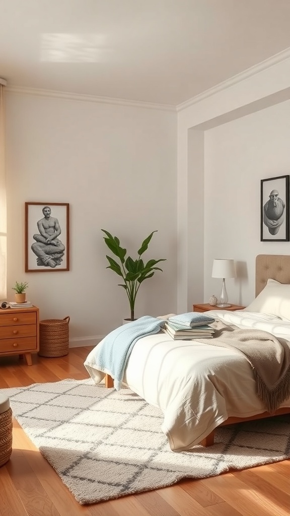 A cozy bedroom featuring a soft rug, a bed with blankets, and decorative elements.