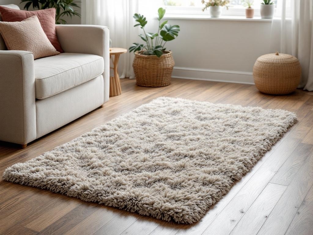 A cozy living room with a soft rug, a light sofa, and plants.
