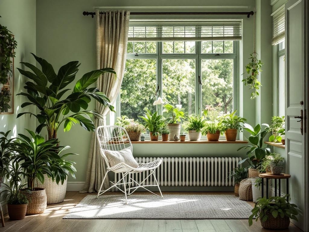 A cozy room with soft sage walls, a comfortable chair, and various indoor plants by a large window.