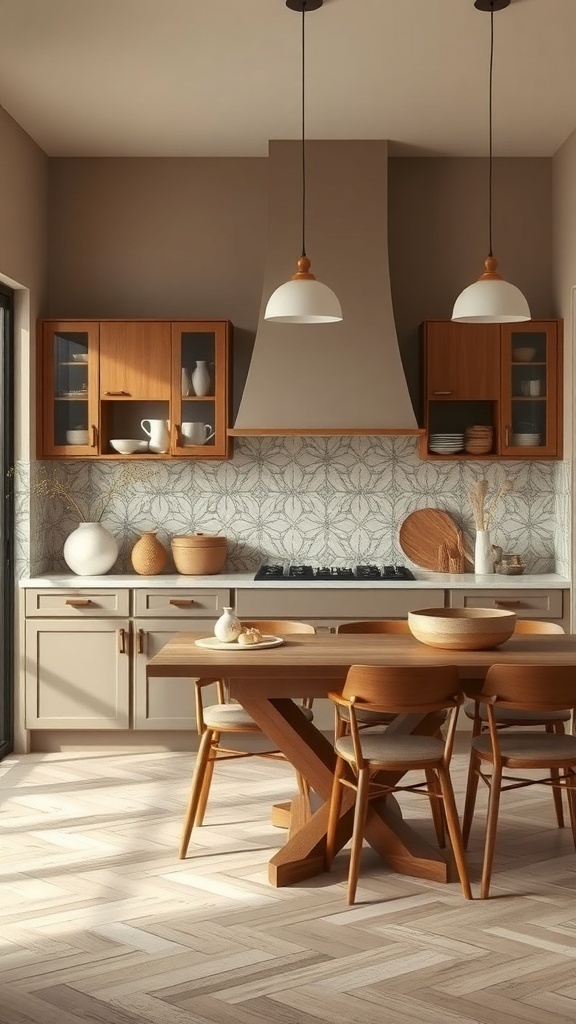 A modern kitchen featuring taupe cabinetry, a wooden dining table, and a patterned backsplash.