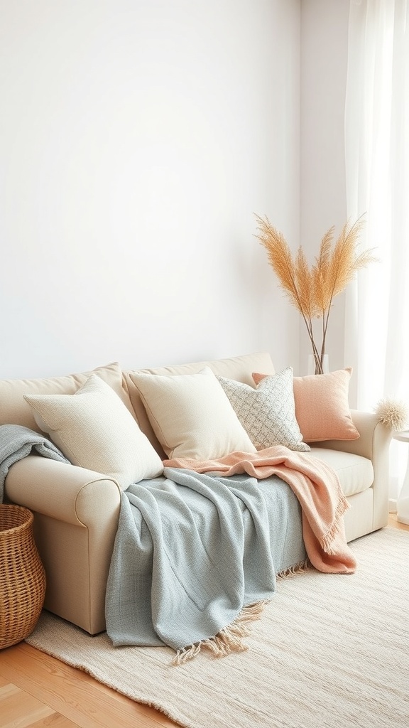 Cozy living room with soft textiles and layered fabrics, featuring a light sofa, decorative pillows, and a woven basket.