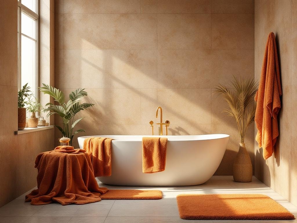A cozy bathroom featuring a white bathtub, orange towels, and a matching rug, creating a warm autumn atmosphere.
