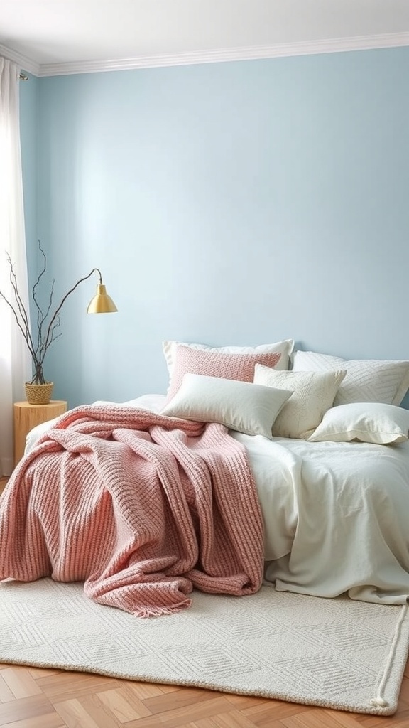 A cozy light blue bedroom featuring a bed with soft textured layers including a pink blanket and cream pillows.